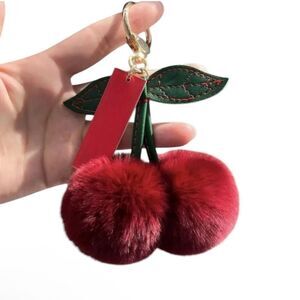 Faux Fur Cherry Pom Pom Keychain with Leaf Accent Purse Charm NEW